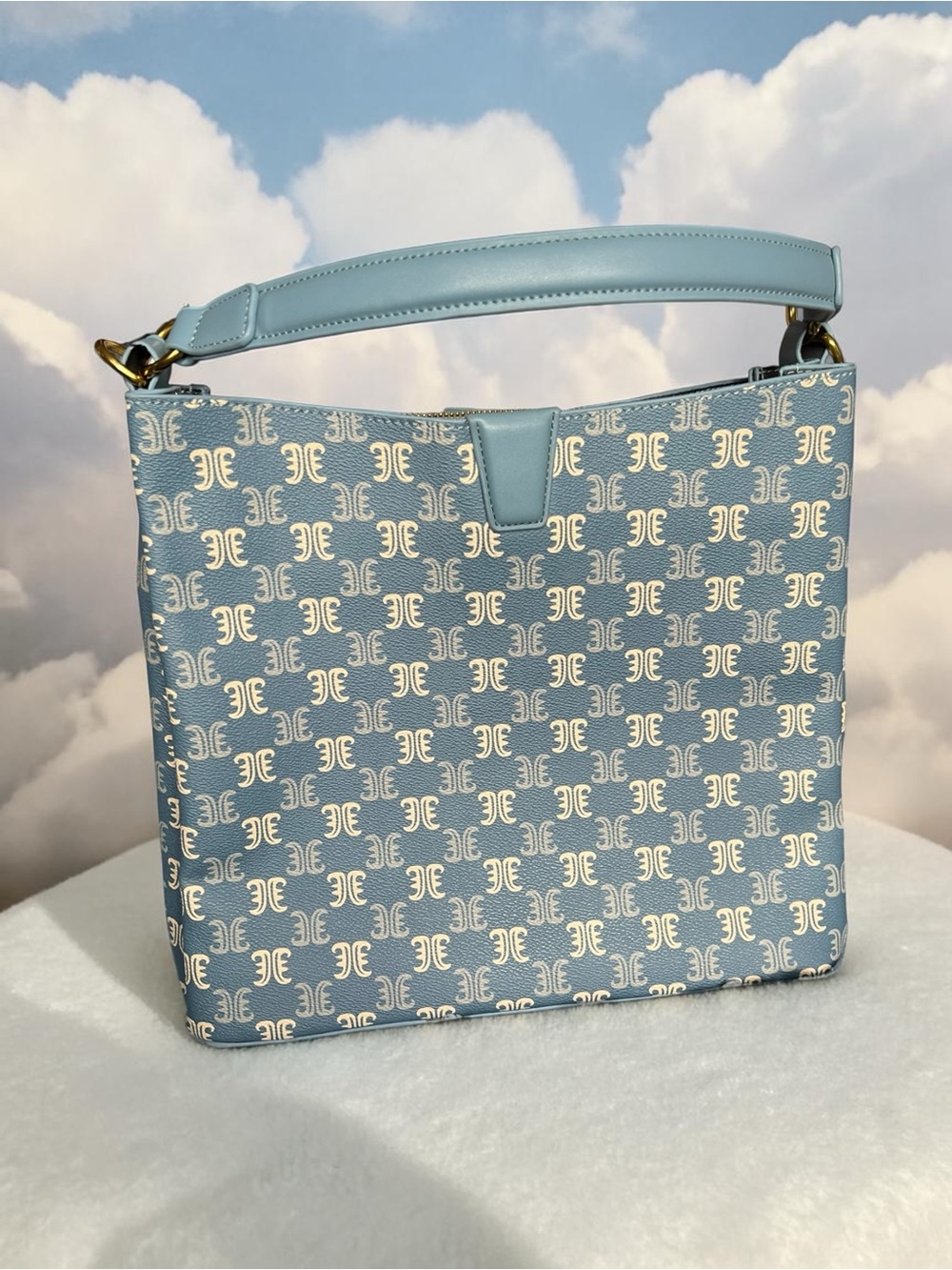 Sky Blue Patterned Shoulder Bag with Cream Logo Motif